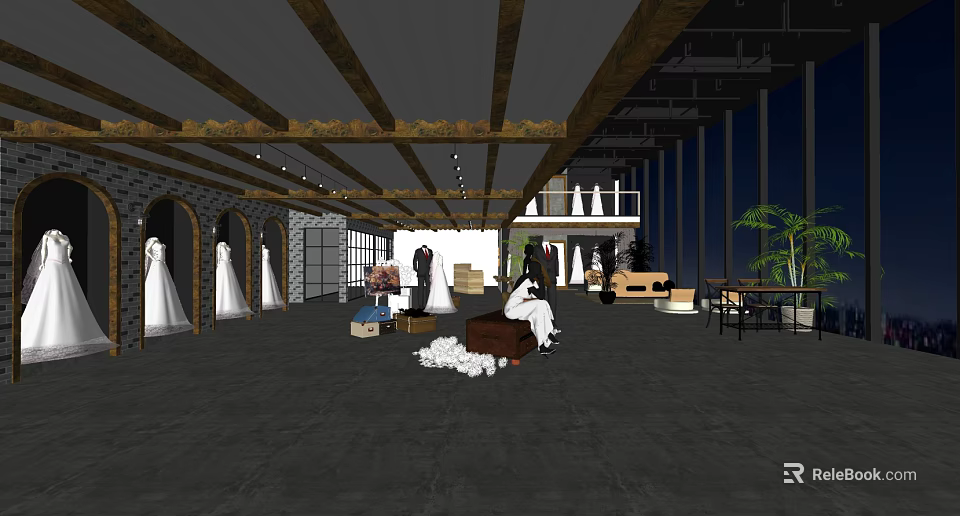 Elegant Bridal Shop Interior With Wedding Dresses Display And Wooden Ceiling Design 3d model 