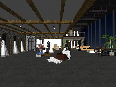 Elegant Bridal Shop Interior With Wedding Dresses Display And Wooden Ceiling Design 3d model