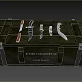 Various Knives As Weapon Collection Displayed On Wooden Crate In Low Poly Style