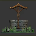 Traditional Scenic Stone Well with Blue Tile Roof Wooden Pulley Green Grass and Small Mushrooms