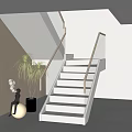 Bright Modern Staircase Interior With White Steps Wooden Handrail Glass Balustrade And Palm Plant