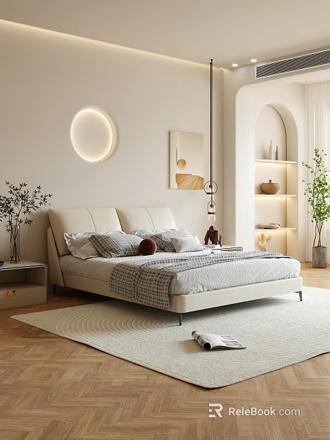 Modern Bedroom Interior Design With Beige Bed Round Wall Light Arched Bookshelf And Rug 3d model 