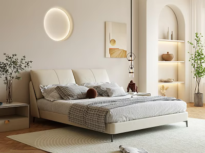 Modern Bedroom Interior Design With Beige Bed Round Wall Light Arched Bookshelf And Rug 3d model