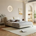 Modern Bedroom Interior Design With Beige Bed Round Wall Light Arched Bookshelf And Rug