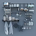 Wall Mounted Kitchen Utensils Storage With Pots Pans Cups Jars And Tools 3d model