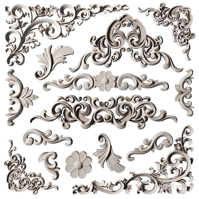 Ornate Decorative Carvings With Floral Scroll Patterns And Intricate Design Details 3d model 