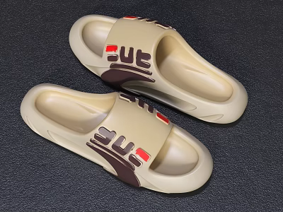 Beige and Brown Slippers with Red Accents and Brand Logo Design 3d model