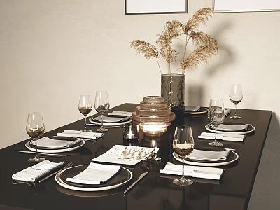 Elegant Tableware Set with Plates Wine Glasses Napkins and Dried Grass Vase on Dining Table 3d model