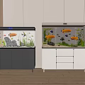 Modern Aquarium Tanks With Colorful Fish Aquatic Plants And Decorative Rocks On Grey White Cabinets