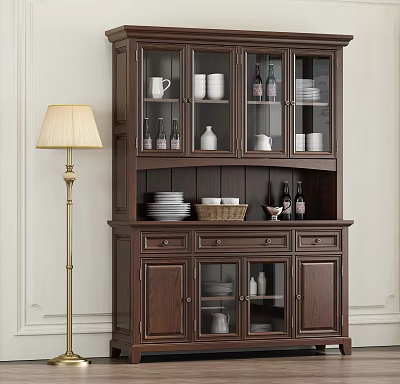 Traditional Wooden Sideboard with Glass Doors Cups Plates Bottles Drawers and Wicker Basket 3d model