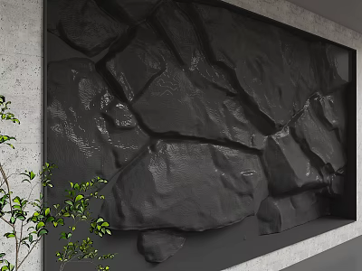 Black Rock Textured Background Wall With Green Plants And Natural Crack Details 3d model