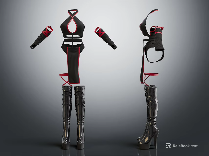Women's Stylish Black Red Fashion Outfit With Sleeveless Top Detachable Sleeves And High Heel Boots 3d model 