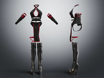 Women's Stylish Black Red Fashion Outfit With Sleeveless Top Detachable Sleeves And High Heel Boots 3d model