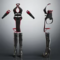 Women's Stylish Black Red Fashion Outfit With Sleeveless Top Detachable Sleeves And High Heel Boots