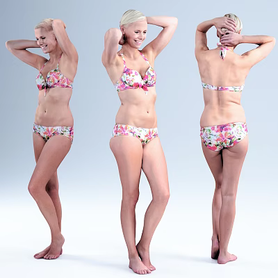 Woman in Floral Bikini Posing Full Body Front Side and Back Views 3d model