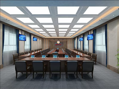 Formal Conference Room Interior With Long Table Chairs Screens Clock And Ceiling Lights 3d model