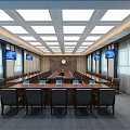 Formal Conference Room Interior With Long Table Chairs Screens Clock And Ceiling Lights