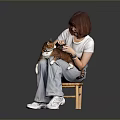 Woman Sitting On Wooden Chair Holding Petting Cute Cat Against Gray Background
