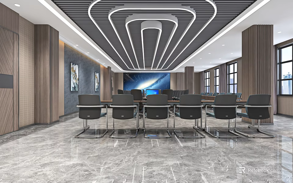 Modern Conference Room Interior With Wooden Walls Large Screen Black Chairs And Marble Flooring 3d model 