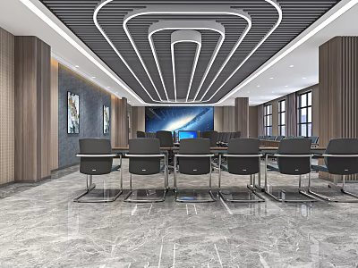 Modern Conference Room Interior With Wooden Walls Large Screen Black Chairs And Marble Flooring 3d model