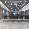 Modern Conference Room Interior With Wooden Walls Large Screen Black Chairs And Marble Flooring