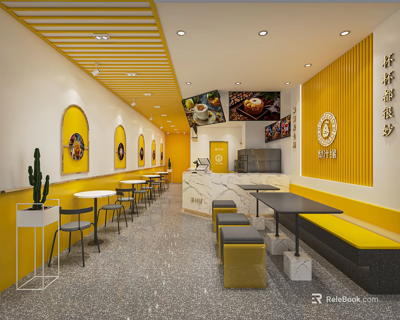 Bright Yellow White Bubble Tea Shop Interior Design With Circular Logos Tables Chairs And Cactus 3d model 
