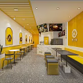 Bright Yellow White Bubble Tea Shop Interior Design With Circular Logos Tables Chairs And Cactus