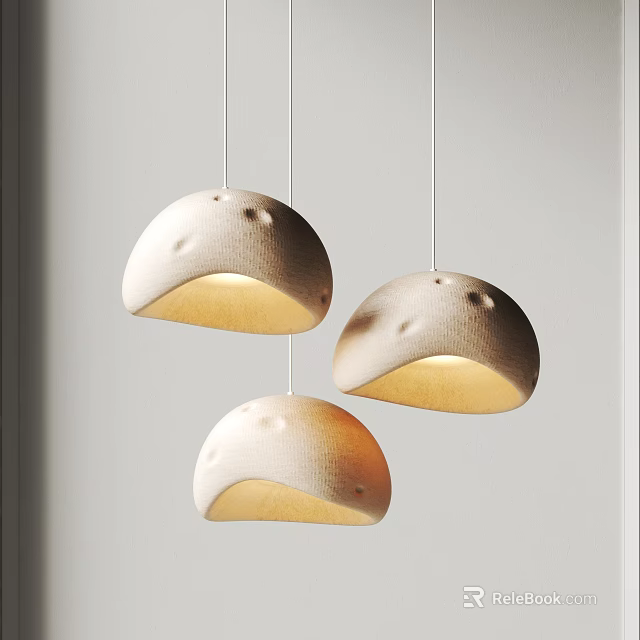Modern Three White Hemisphere Textured Pendant Lights with Warm Glow 3d model