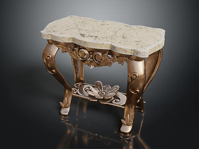Ornate Decorative Accent Table With White Marble Top And Carved Golden Legs And Shelf 3d model