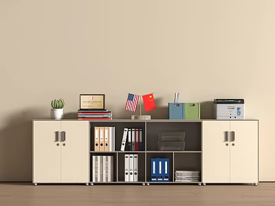 Office File Cabinet With Storage Shelves Books Flags Plant And Office Supplies 3d model