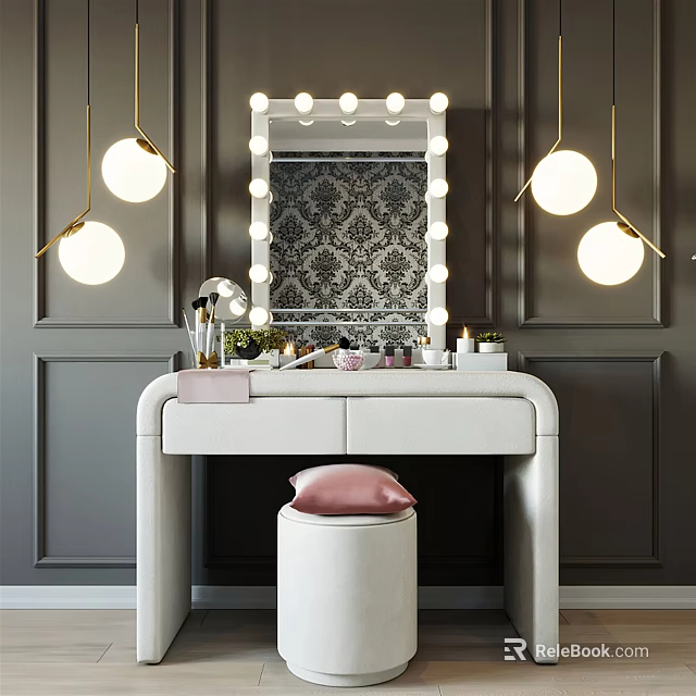 Elegant Dressing Table With Lighted Mirror Gold Pendant Lights Pink Cushioned Stool Against Dark Walls 3d model 