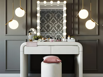 Elegant Dressing Table With Lighted Mirror Gold Pendant Lights Pink Cushioned Stool Against Dark Walls 3d model