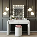 Elegant Dressing Table With Lighted Mirror Gold Pendant Lights Pink Cushioned Stool Against Dark Walls