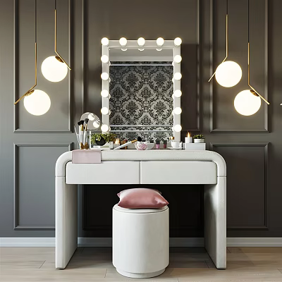 Elegant Dressing Table With Lighted Mirror Gold Pendant Lights Pink Cushioned Stool Against Dark Walls 3d model