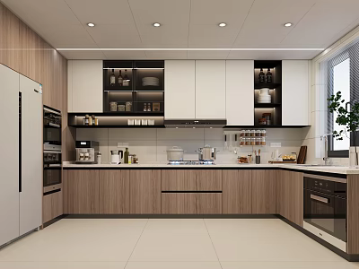 Modern Kitchen Interior Design With Open Layout Cabinets Countertop And Appliances 3d model