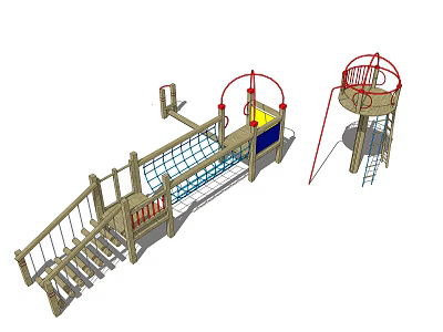 Wooden Playground Equipment With Stairs Climbing Net Slide And Platform 3d model
