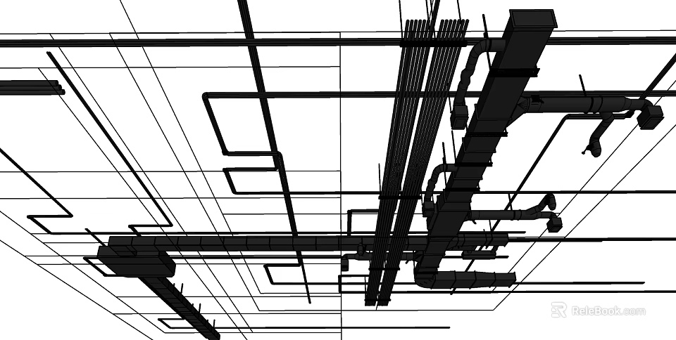 Technical Wireframe Building Structure With Ceiling Pipes And Construction Details 3d model 