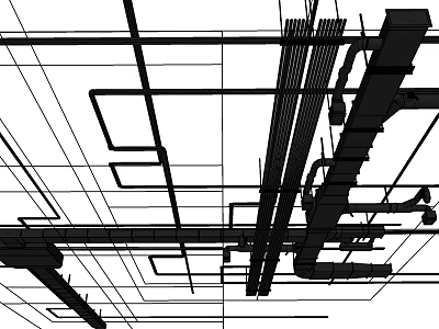 Technical Wireframe Building Structure With Ceiling Pipes And Construction Details 3d model