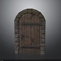 Arched Wooden Door With Stone Frame Metal Accents And Knocker Design