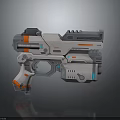 Futuristic Sci-Fi Gun Weapon Featuring Metal Construction And Orange Blue Accents Design