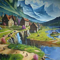 Fairy Tale Village Scene With Mountain Landscape River Stone Bridge And Colorful Houses