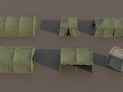 Green Outdoor Furniture Tents in Various Sizes and Styles Arranged on Gray Ground 3d model