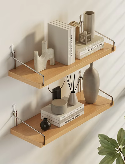 Wooden Floating Shelves with Metal Brackets Holding Books Decorative Vase and Sculpture 3d model
