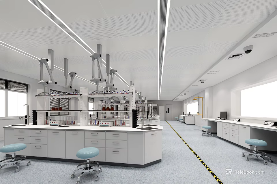 Modern Laboratory Interior With White Benches Blue Stools Reagent Bottles And Fume Hoods 3d model 