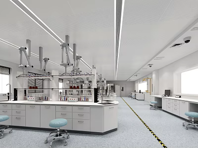 Modern Laboratory Interior With White Benches Blue Stools Reagent Bottles And Fume Hoods 3d model