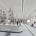 Modern Laboratory Interior With White Benches Blue Stools Reagent Bottles And Fume Hoods