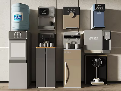 Modern Household Appliances Display Featuring Water Dispensers And Coffee Machines 3d model