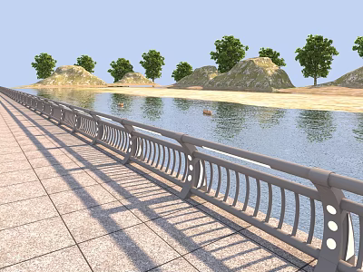 Riverside Metal Fence With Curved Railings Along Stone Pavement Trees And Small Hills 3d model