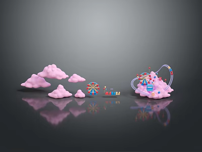 Whimsical Fantasy Playground Scene With Pink Clouds Ferris Wheel Carousel And Colorful Elements 3d model