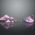 Whimsical Fantasy Playground Scene With Pink Clouds Ferris Wheel Carousel And Colorful Elements